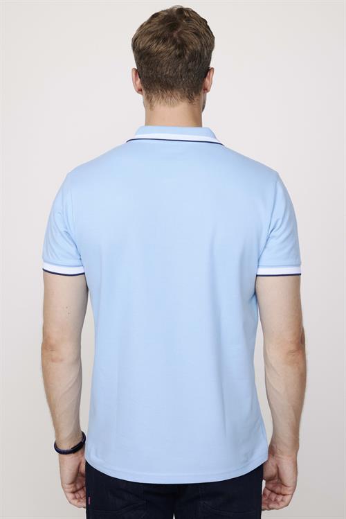 Erkek Slim Fit Dar Kesim %100 Pamuk Düz Pike Kol Şeritli Mavi Polo Yaka Tişört