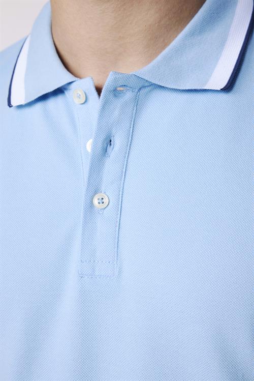 Erkek Slim Fit Dar Kesim %100 Pamuk Düz Pike Kol Şeritli Mavi Polo Yaka Tişört