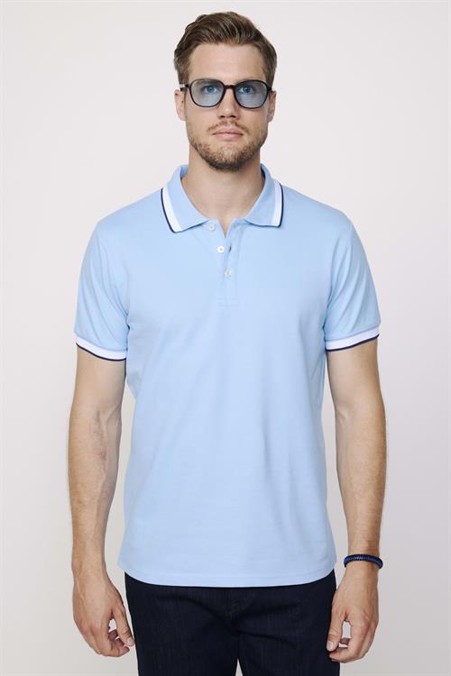 Erkek Slim Fit Dar Kesim %100 Pamuk Düz Pike Kol Şeritli Mavi Polo Yaka Tişört