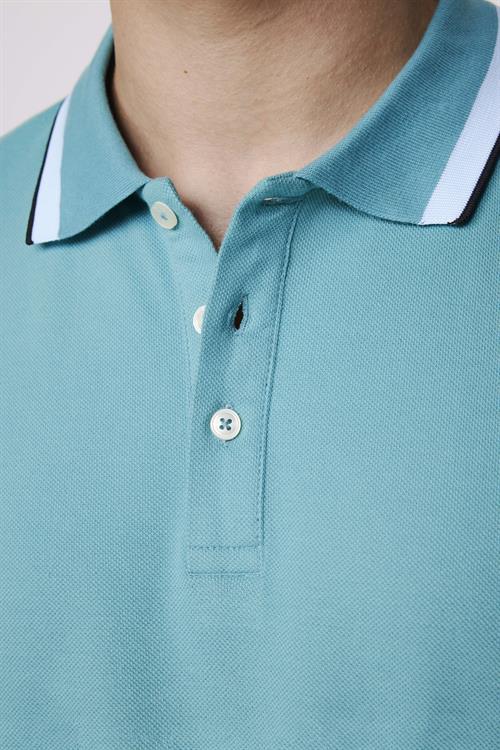 Erkek Slim Fit Dar Kesim %100 Pamuk Düz Pike Kol Şeritli Turkuaz Polo Yaka Tişört