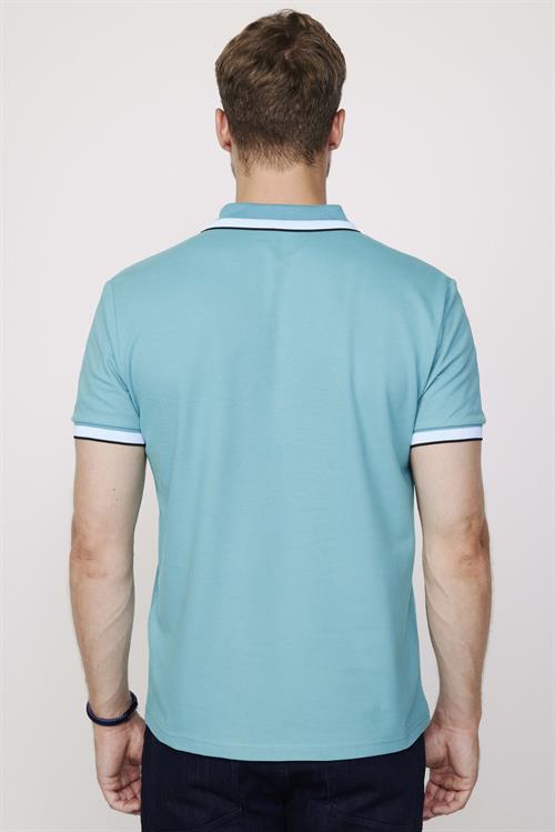 Erkek Slim Fit Dar Kesim %100 Pamuk Düz Pike Kol Şeritli Turkuaz Polo Yaka Tişört