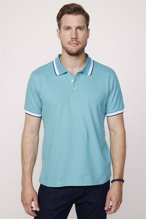Erkek Slim Fit Dar Kesim %100 Pamuk Düz Pike Kol Şeritli Turkuaz Polo Yaka Tişört