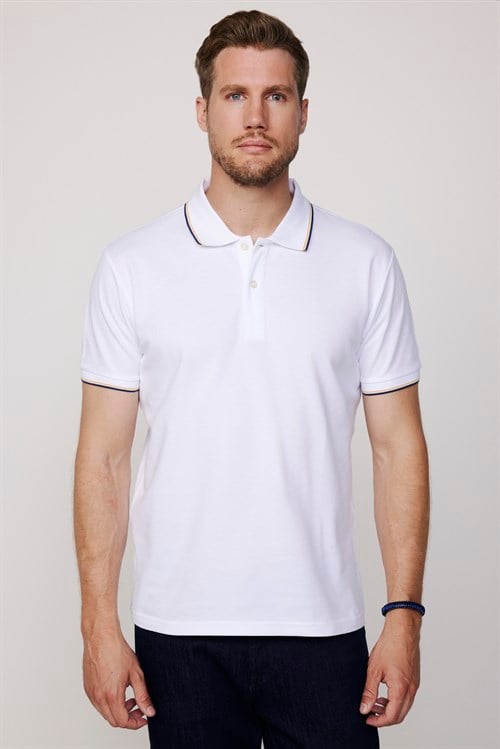 Erkek Slim Fit Dar Kesim %100 Pamuk Düz Pike Kol Şeritli Beyaz Polo Yaka Tişört