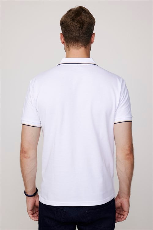 Erkek Slim Fit Dar Kesim %100 Pamuk Düz Pike Kol Şeritli Beyaz Polo Yaka Tişört