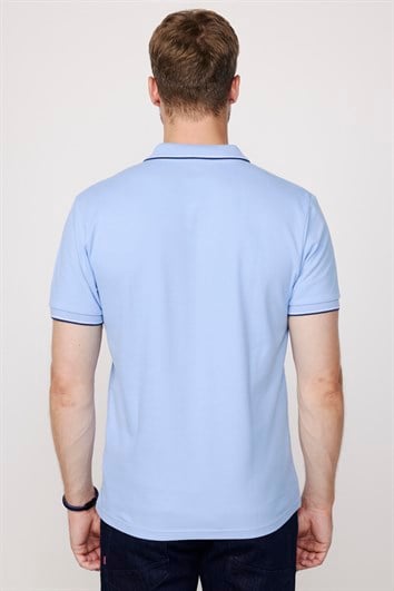 Erkek Slim Fit Dar Kesim %100 Pamuk Düz Pike Kol Şeritli Mavi Polo Yaka Tişört