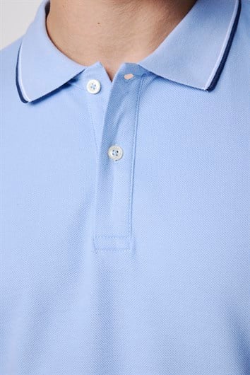 Erkek Slim Fit Dar Kesim %100 Pamuk Düz Pike Kol Şeritli Mavi Polo Yaka Tişört