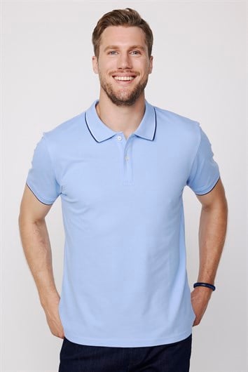 Erkek Slim Fit Dar Kesim %100 Pamuk Düz Pike Kol Şeritli Mavi Polo Yaka Tişört