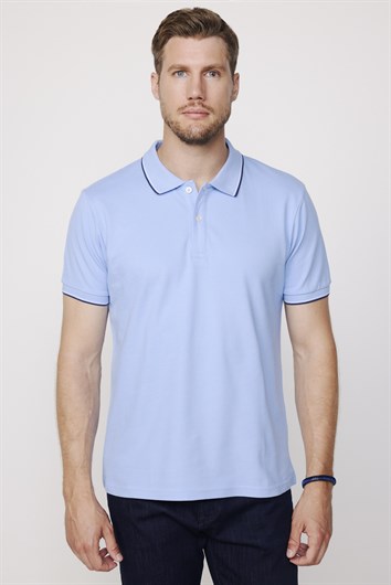 Erkek Slim Fit Dar Kesim %100 Pamuk Düz Pike Kol Şeritli Mavi Polo Yaka Tişört