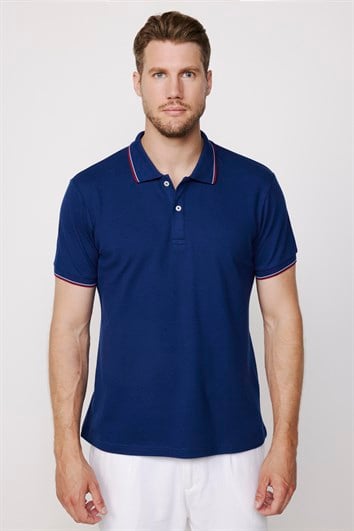 Erkek Slim Fit Dar Kesim %100 Pamuk Düz Pike Kol Şeritli Lacivert Polo Yaka Tişört
