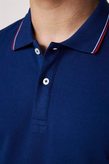 Erkek Slim Fit Dar Kesim %100 Pamuk Düz Pike Kol Şeritli Lacivert Polo Yaka Tişört
