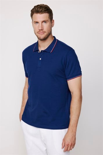 Erkek Slim Fit Dar Kesim %100 Pamuk Düz Pike Kol Şeritli Lacivert Polo Yaka Tişört
