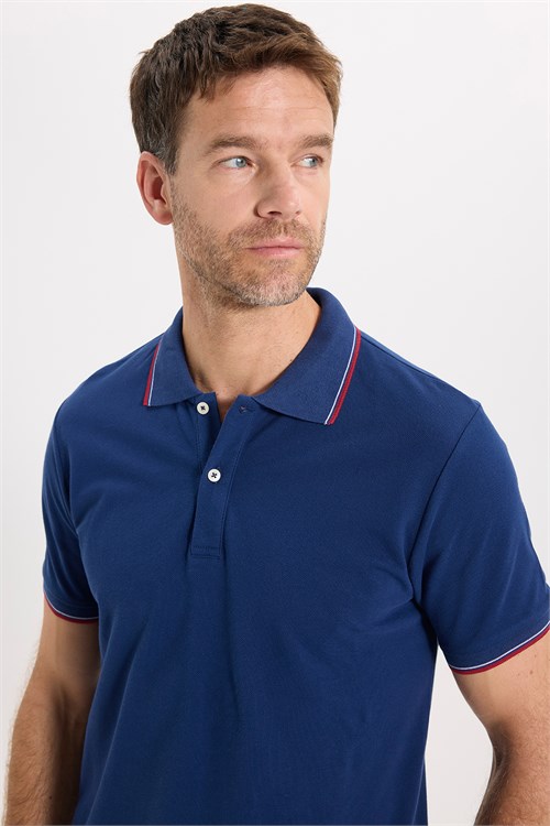 Erkek Slim Fit Dar Kesim %100 Pamuk Düz Pike Kol Şeritli Lacivert Polo Yaka Tişört