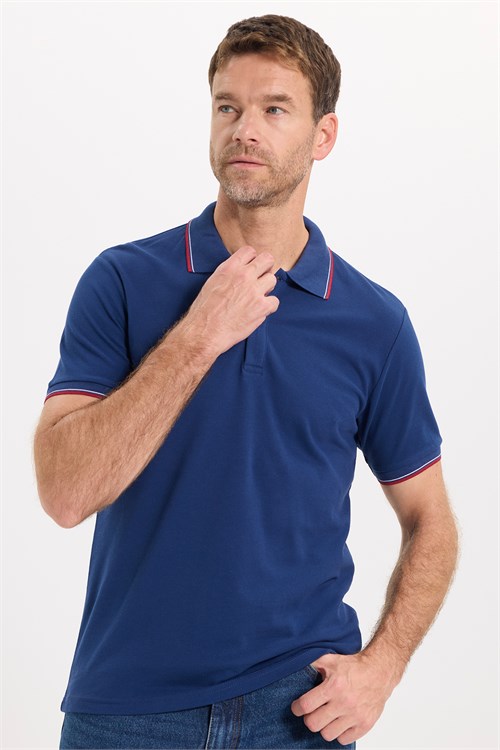Erkek Slim Fit Dar Kesim %100 Pamuk Düz Pike Kol Şeritli Lacivert Polo Yaka Tişört