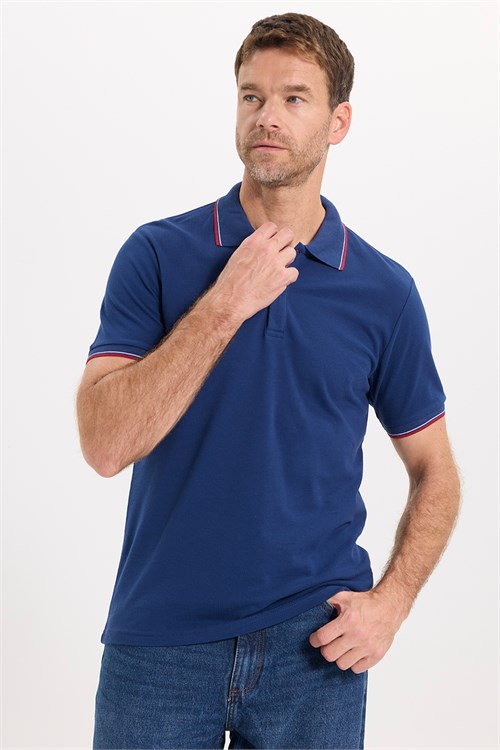 Erkek Slim Fit Dar Kesim %100 Pamuk Düz Pike Kol Şeritli Lacivert Polo Yaka Tişört