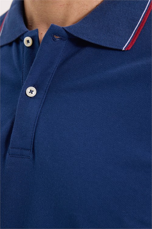 Erkek Slim Fit Dar Kesim %100 Pamuk Düz Pike Kol Şeritli Lacivert Polo Yaka Tişört