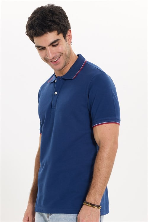 Erkek Slim Fit Dar Kesim %100 Pamuk Düz Pike Kol Şeritli Lacivert Polo Yaka Tişört