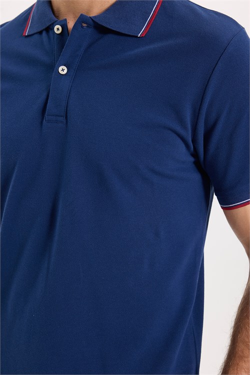 Erkek Slim Fit Dar Kesim %100 Pamuk Düz Pike Kol Şeritli Lacivert Polo Yaka Tişört