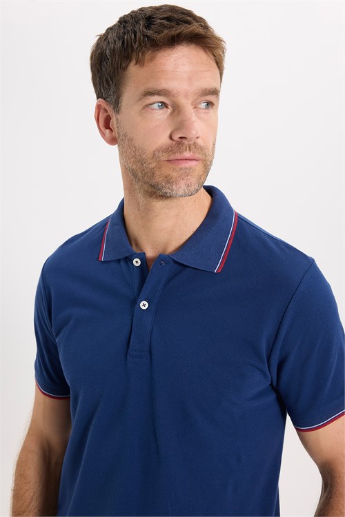 Erkek Slim Fit Dar Kesim %100 Pamuk Düz Pike Kol Şeritli Lacivert Polo Yaka Tişört