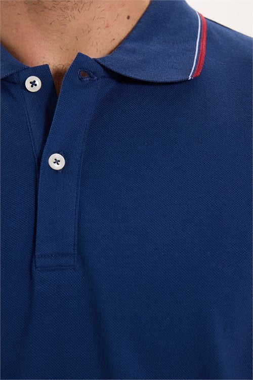 Erkek Slim Fit Dar Kesim %100 Pamuk Düz Pike Kol Şeritli Lacivert Polo Yaka Tişört