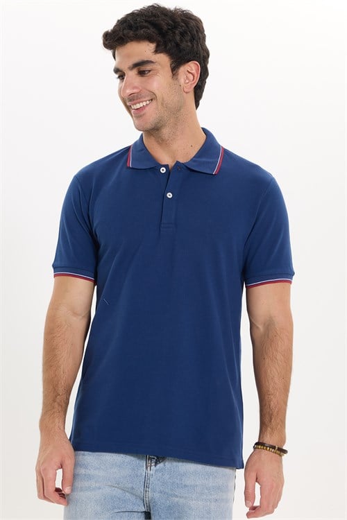 Erkek Slim Fit Dar Kesim %100 Pamuk Düz Pike Kol Şeritli Lacivert Polo Yaka Tişört