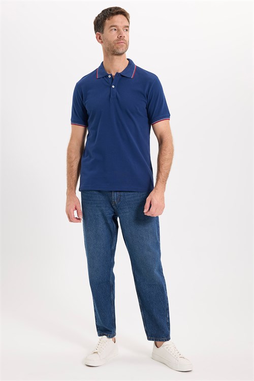 Erkek Slim Fit Dar Kesim %100 Pamuk Düz Pike Kol Şeritli Lacivert Polo Yaka Tişört
