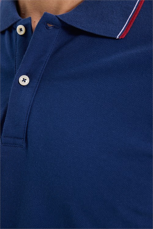 Erkek Slim Fit Dar Kesim %100 Pamuk Düz Pike Kol Şeritli Lacivert Polo Yaka Tişört