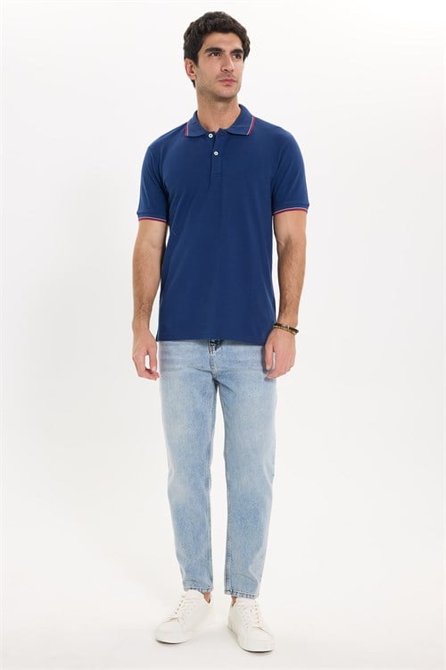Erkek Slim Fit Dar Kesim %100 Pamuk Düz Pike Kol Şeritli Lacivert Polo Yaka Tişört