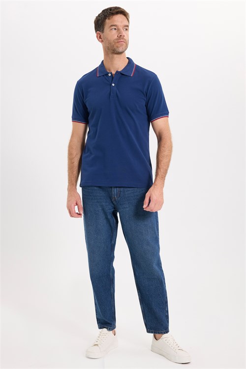 Erkek Slim Fit Dar Kesim %100 Pamuk Düz Pike Kol Şeritli Lacivert Polo Yaka Tişört