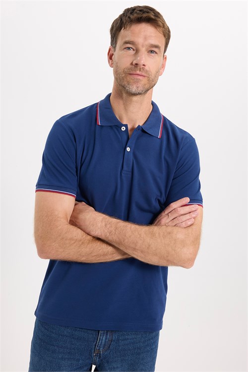 Erkek Slim Fit Dar Kesim %100 Pamuk Düz Pike Kol Şeritli Lacivert Polo Yaka Tişört