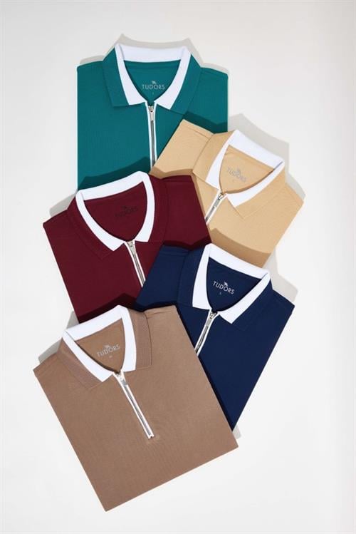 Erkek 5li Paket Lacivert-Vişne-Vizon-Yeşil-Kum Slim Fit Dar Kesim Pamuklu Düz Fermuarlı Pike Polo Yaka Tişört