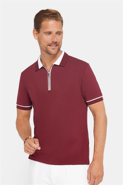 Erkek 5li Paket Lacivert-Vişne-Vizon-Yeşil-Kum Slim Fit Dar Kesim Pamuklu Düz Fermuarlı Pike Polo Yaka Tişört