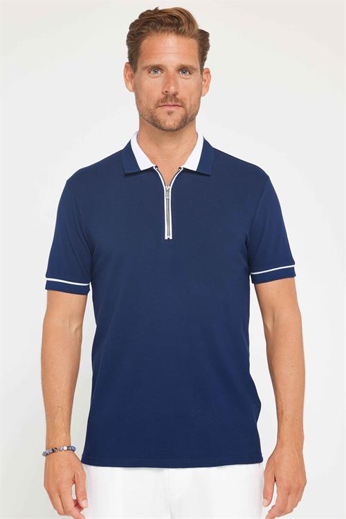 Erkek 5li Paket Lacivert-Haki-Yeşil-Vizon-Gri Slim Fit Dar Kesim Pamuklu Düz Fermuarlı Pike Polo Yaka Tişört