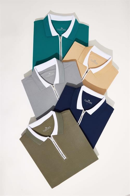 Erkek 5li Paket Lacivert-Haki-Yeşil-Vizon-Gri Slim Fit Dar Kesim Pamuklu Düz Fermuarlı Pike Polo Yaka Tişört