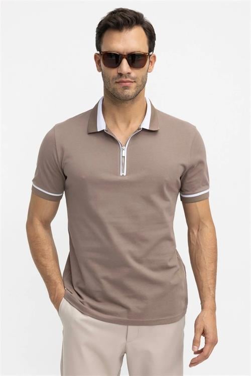 Erkek 5li Paket Lacivert-Siyah-Vizon-Yeşil-Kum Slim Fit Pamuklu Düz Fermuarlı Pike Polo Yaka Tişört