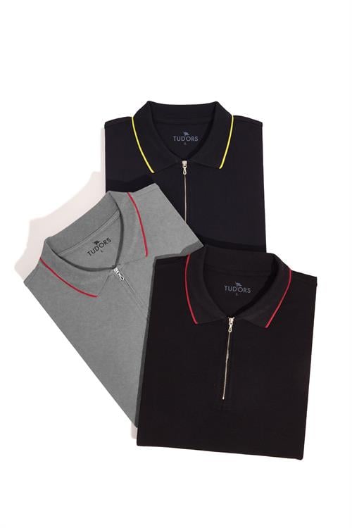 Erkek 3lü Paket Lacivert-Gri-Siyah Slim Fit Dar Kesim Pamuklu Düz Fermuarlı Pike Polo Yaka Tişört