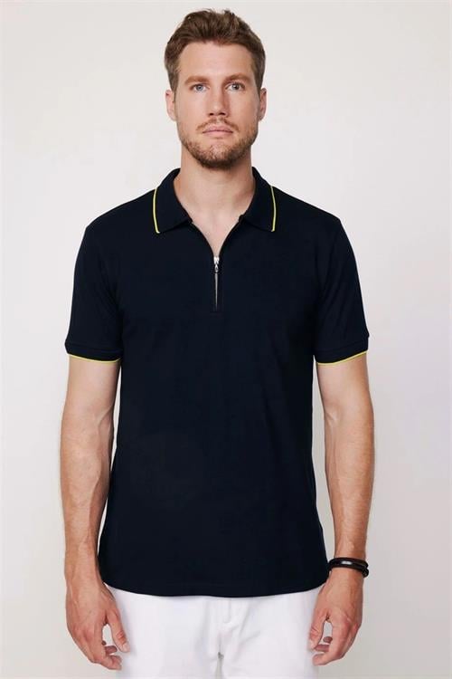 Erkek 3lü Paket Lacivert-Gri-Siyah Slim Fit Dar Kesim Pamuklu Düz Fermuarlı Pike Polo Yaka Tişört