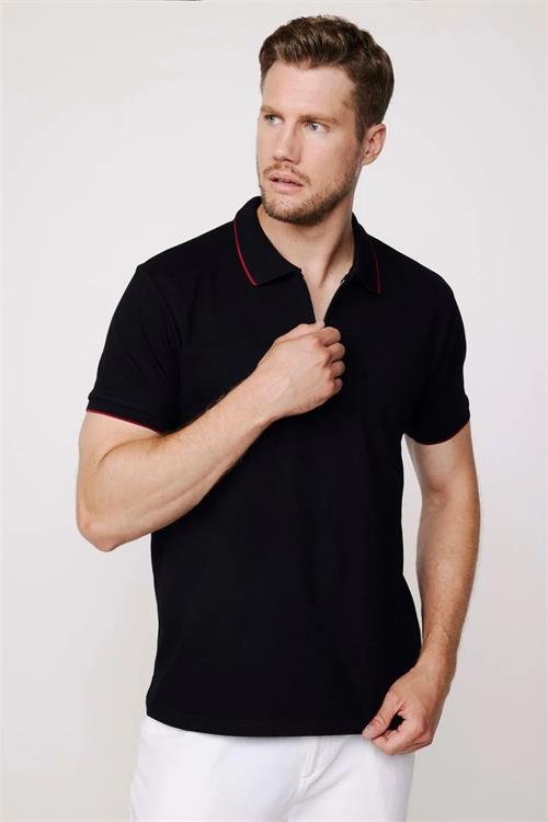 Erkek 3lü Paket Lacivert-Gri-Siyah Slim Fit Dar Kesim Pamuklu Düz Fermuarlı Pike Polo Yaka Tişört