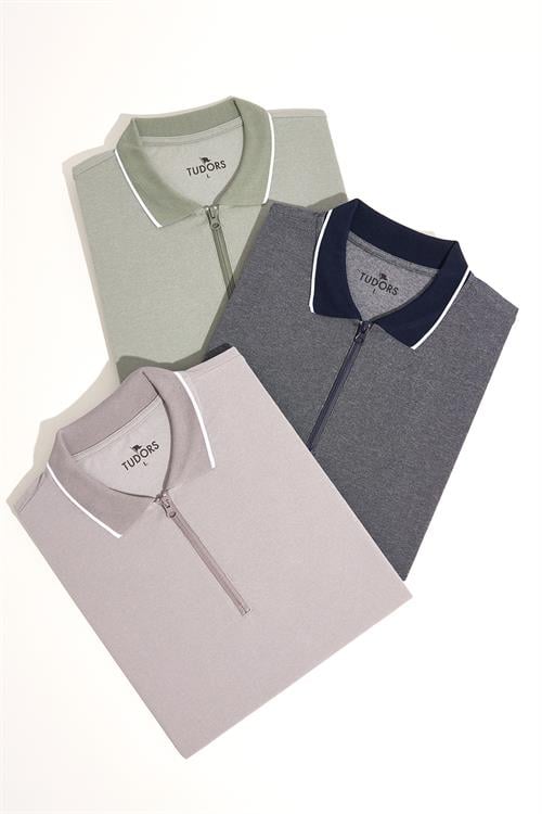 Erkek 3lü Paket Mint-Gri-Lacivert Slim Fit Pamuklu Düz Fermuarlı Pike Polo Yaka Tişört