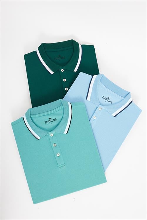 Erkek 3lü Paket Turkuaz-Açık Mavi-Yeşil Slim Fit Dar Kesim Pamuklu Düz Pike Polo Yaka Tişört