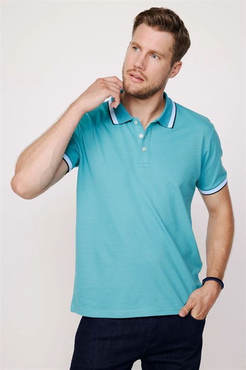 Erkek 3lü Paket Lacivert-Turkuaz-Yeşil-Slim Fit Dar Kesim Pamuklu Düz Pike Polo Yaka Tişört