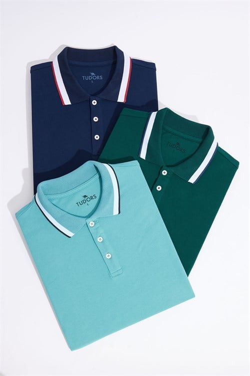 Erkek 3lü Paket Lacivert-Turkuaz-Yeşil-Slim Fit Dar Kesim Pamuklu Düz Pike Polo Yaka Tişört