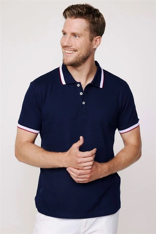 Erkek 3lü Paket Lacivert-Turkuaz-Yeşil-Slim Fit Dar Kesim Pamuklu Düz Pike Polo Yaka Tişört