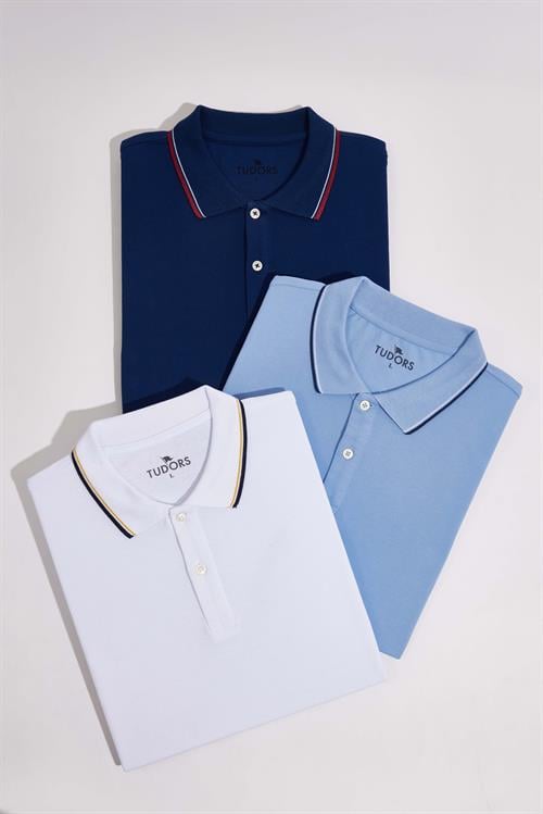 Erkek 3lü Paket Beyaz-Mavi-Lacivert Slim Fit Pamuklu Düz Pike Polo Yaka Tişört