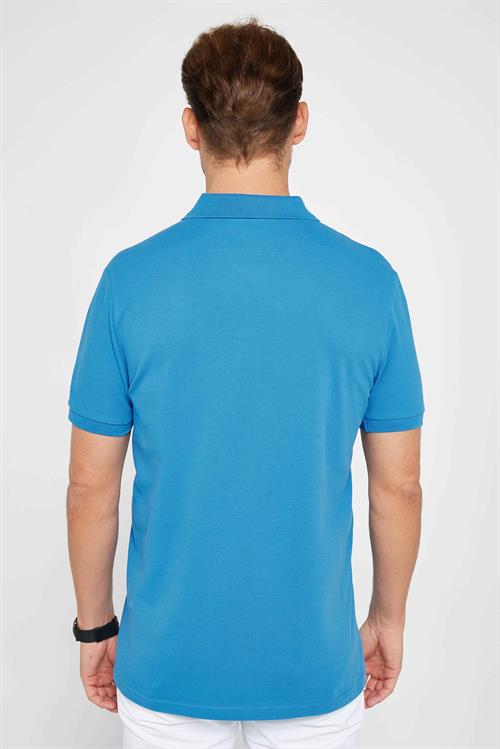 Erkek Slim Fit Dar Kesim %100 Pamuk Düz Pike Sax Mavi Polo Yaka Tişört
