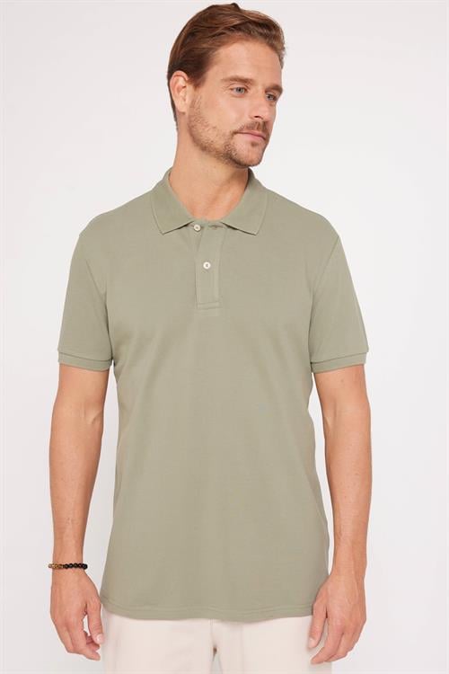 Erkek Slim Fit Dar Kesim %100 Pamuk Düz Pike Yeşil Polo Yaka Tişört