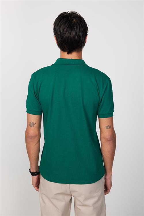 Erkek Slim Fit Dar Kesim %100 Pamuk Düz Pike Yeşil Polo Yaka Tişört
