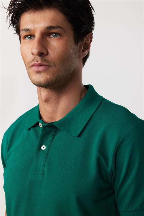 Erkek Slim Fit Dar Kesim %100 Pamuk Düz Pike Yeşil Polo Yaka Tişört