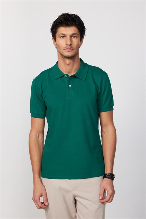 Erkek Slim Fit Dar Kesim %100 Pamuk Düz Pike Yeşil Polo Yaka Tişört