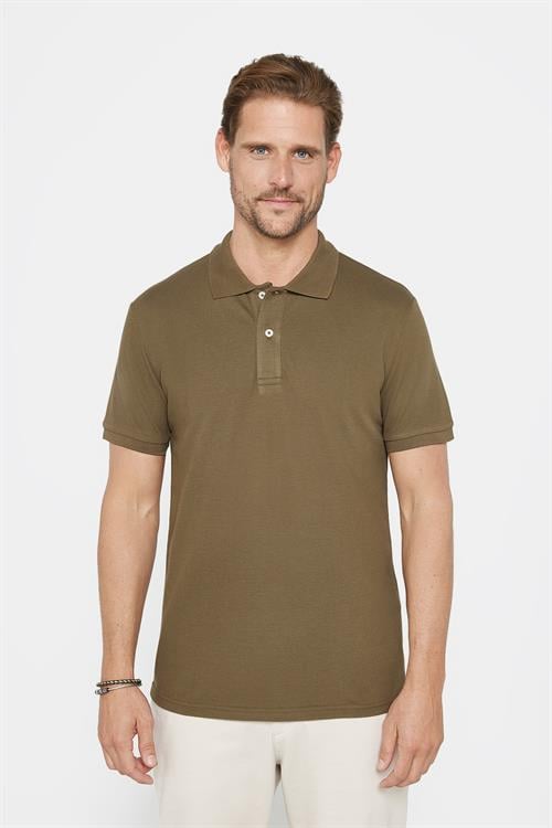 Erkek Slim Fit Dar Kesim %100 Pamuk Düz Pike Haki Polo Yaka Tişört