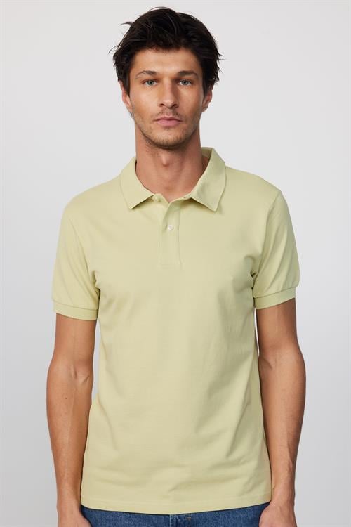 Erkek Slim Fit Dar Kesim %100 Pamuk Düz Pike Yeşil Polo Yaka Tişört